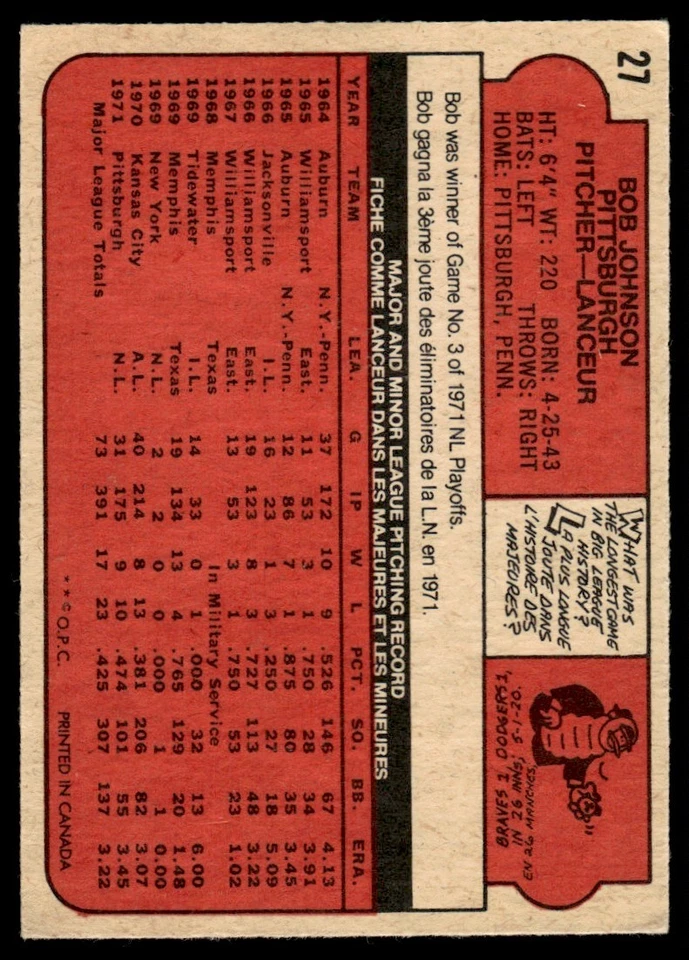 1972 O-Pee-Chee Dock Ellis Pittsburgh Pirates #2 - Image 2 of 2