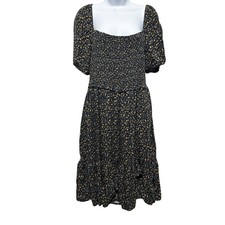 Time And Tru Womens Dress L Navy Yellow Floral Puff Sleeve Smocked Midi Boho