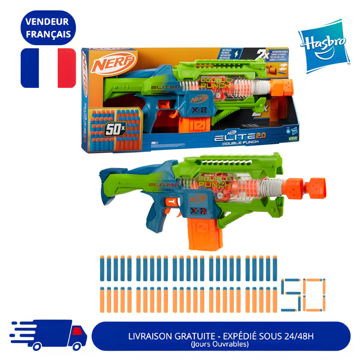 Nerf Elite 2.0 Double Punch blaster automatique 50 fléchettes en mousse