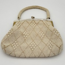Vintage Ivory Beaded Small Top Handle Kiss Lock Handbag - Made in Hong Kong