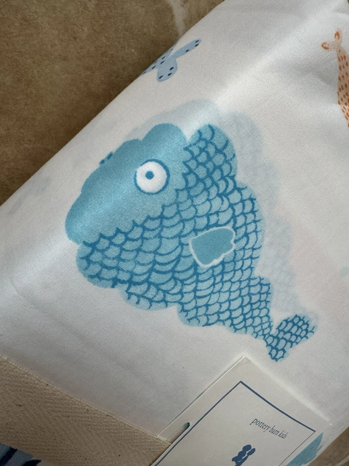 Pottery Barn Kids ~BLUE ENGRAÇADO FUSH~ *QUEEN* CONJUNTO DE LENÇÓIS ~ALGODÃO~ TUBARÃO NÁUTICO - Imagem 3 de 4