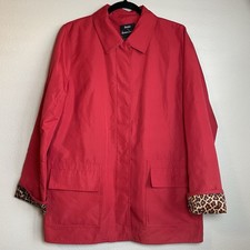 DENNIS BASSO SIZE MEDIUM RED LEOPARD PRINT LINING SNAP FRONT MID LENGTH JACKET