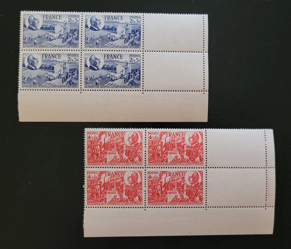 WW2 FRANCE 1944 Pétain Lot 2 blocs de 4 timbres neufs avec bord de feuille - Photo 1/1