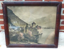Antique Vintage Framed Under Glass CHILLON CASTLE Art Print (Glass is Broken)