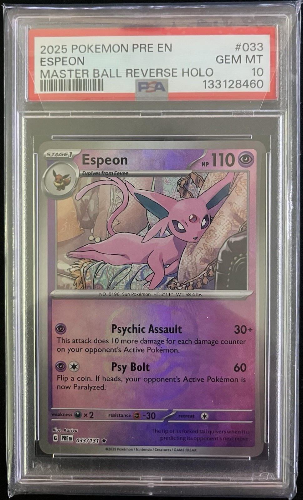 Espeon Masterball Reverse Holo 033/131 Prismatic Evolutions Psa 10