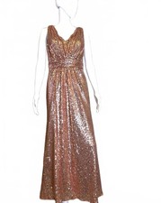 REVELRY PROM FORMAL GOWN 14 METALLIC ROSE GOLD SEQUIN V NECK MAXI ELEGANT NWOT