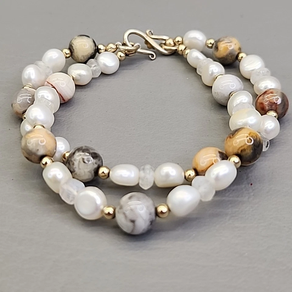 Vintage Beaded Pearl Bracelet Layered White Round Stone 7.5" - Image 4 of 4