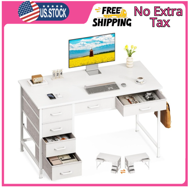 Computer Desk with 6 Drawers, 40 Inch Small Desk with Storage, Reversible Desk w-image