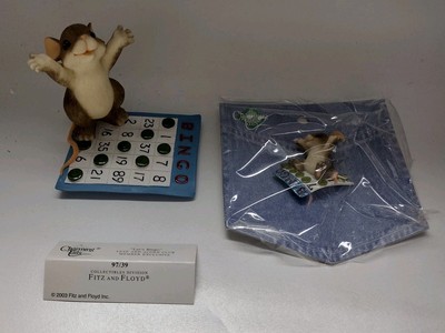 Fitz and Floyd Charming Tails Let's Bingo Mouse Figurine and Pin NEW in BOX