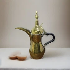 Lge Vintage Brass Dallah Middle Eastern Coffee Braided Leather Handle 14" Stamp