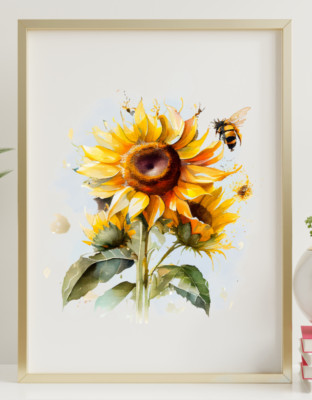 Bee and Sunflowers Art Print, Bee Wall Art Decor Print, Nature Home Decor #72
