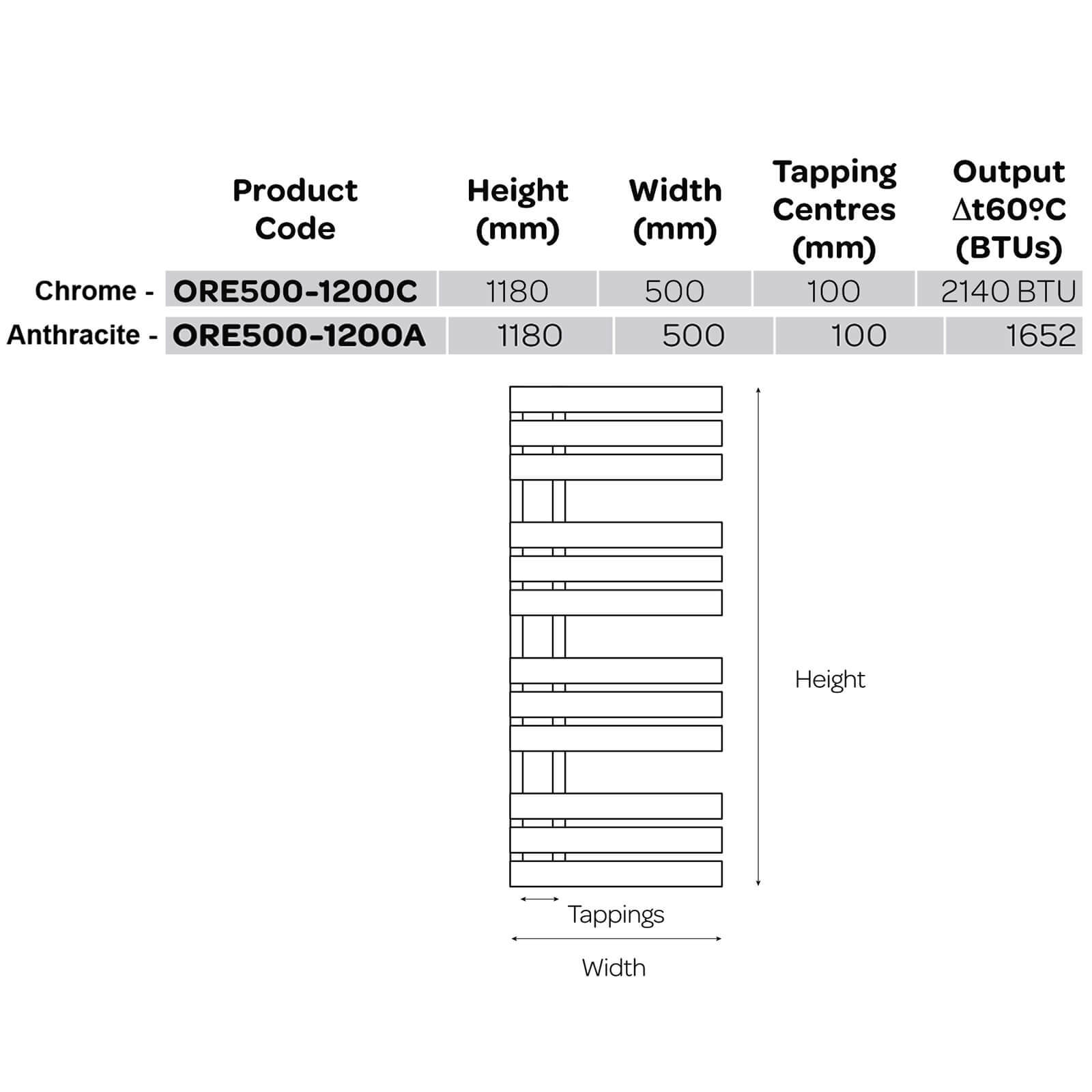 Bathroom Towel Rail Radiator Chrome Oregon Designer Heated 1180mm500