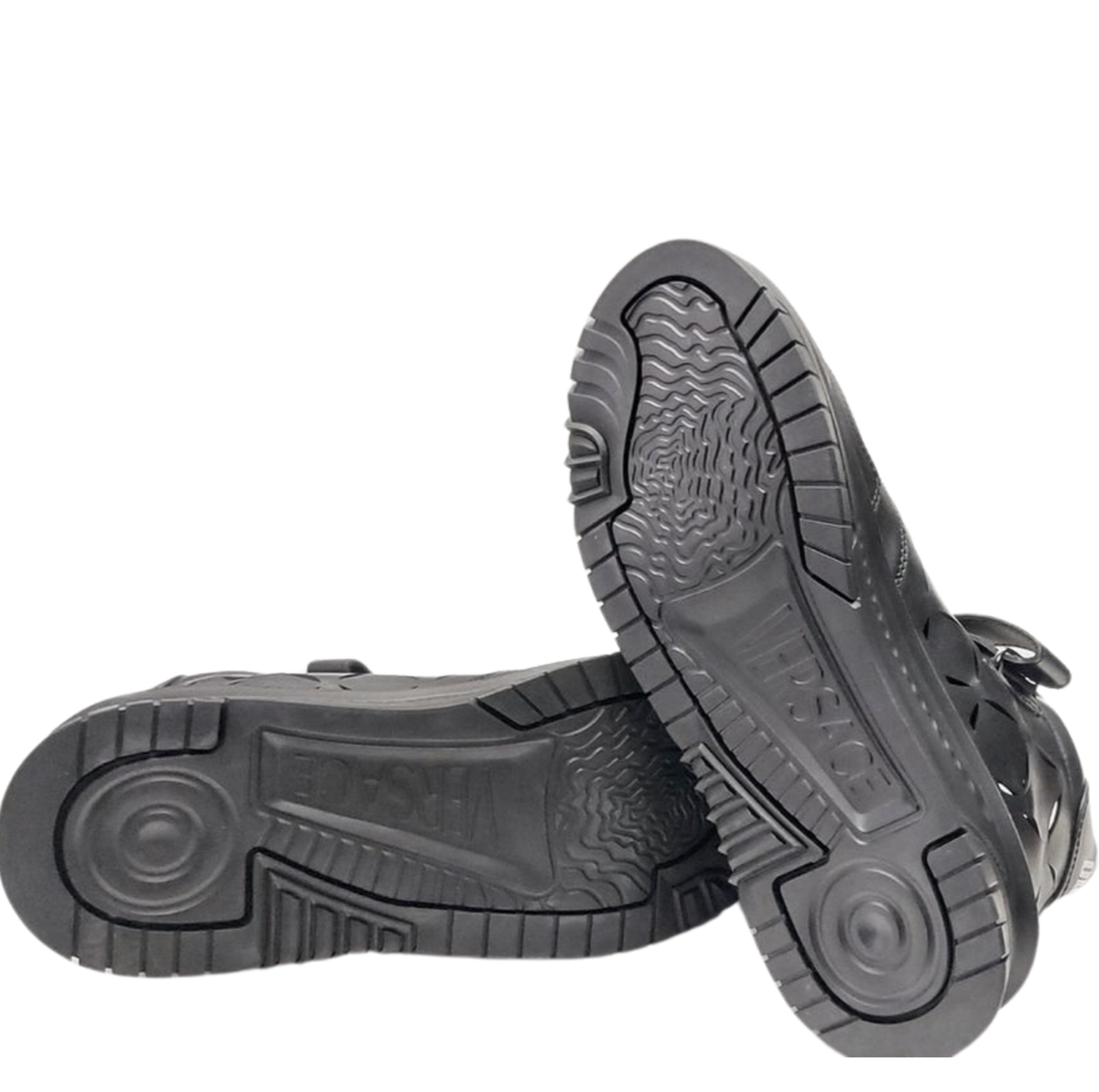 VERSACE Odissea Slashed Laser Cut Black Leather High Top Sneakers 