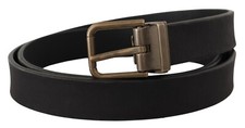DOLCE & GABBANA Belt Classic Black Leather Brass Metal Grain Buckle 90cm/36in