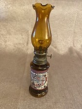 Vintage Amber Glass Oil Lamp With Funnel Depicting Map Of The World