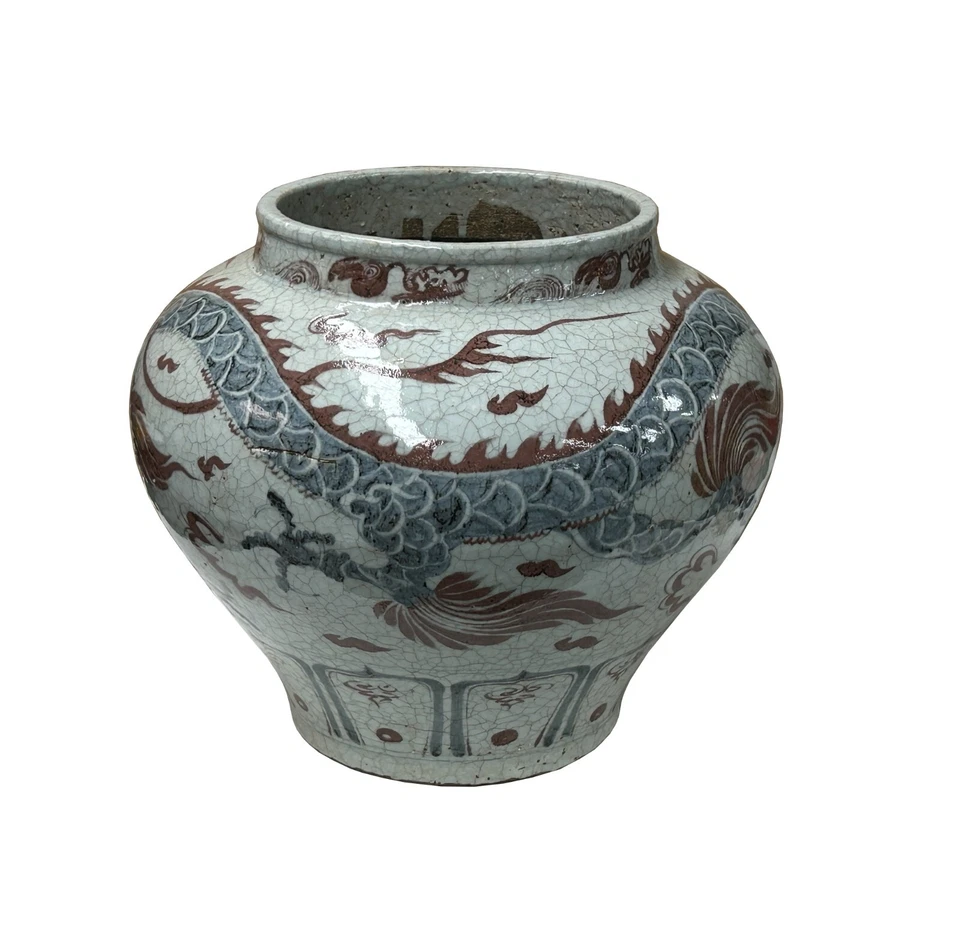 Jarrón de cerámica oriental blanco roto base craquelada dragón rojo azul arte ws4658 Foto 4 de 4