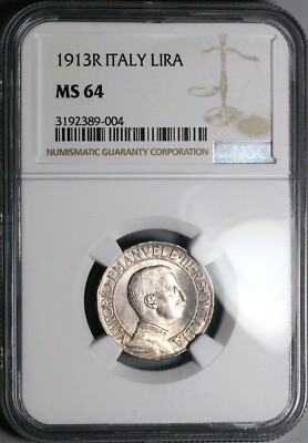 1913 NGC MS 64 Italy 1 Lira Horses Chariot Silver Mint State BU