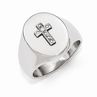 MEN'S POLISHED STAINLESS STEEL CZ CROSS SIGNET RING - SIZE 10