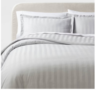 Threshold Stripe Damask Sateen Duvet Cover & Sham Set, Light Gray, King