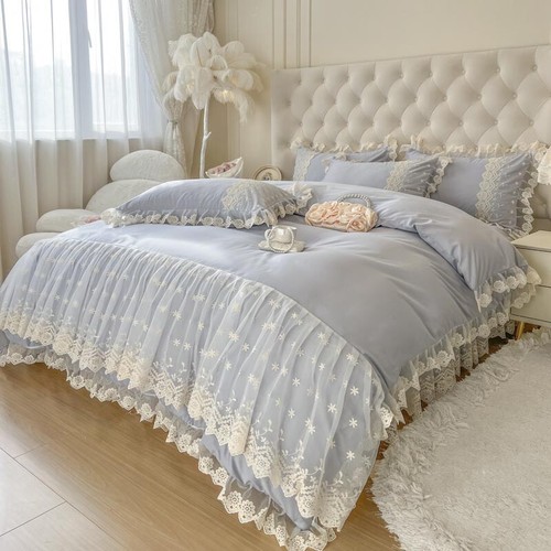 4 Pieces Bedding Set Luxury Lace Embroidered Duvet Cover Bed Skirt 2 Pillowcases - Picture 2 of 26