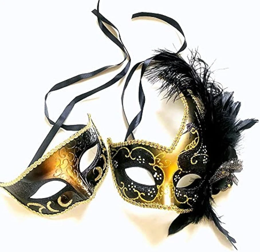 Couples Masquerade Ball Mask Pair Feather Mardi Gras Party Prom Valentines Gift - Image 4 of 4