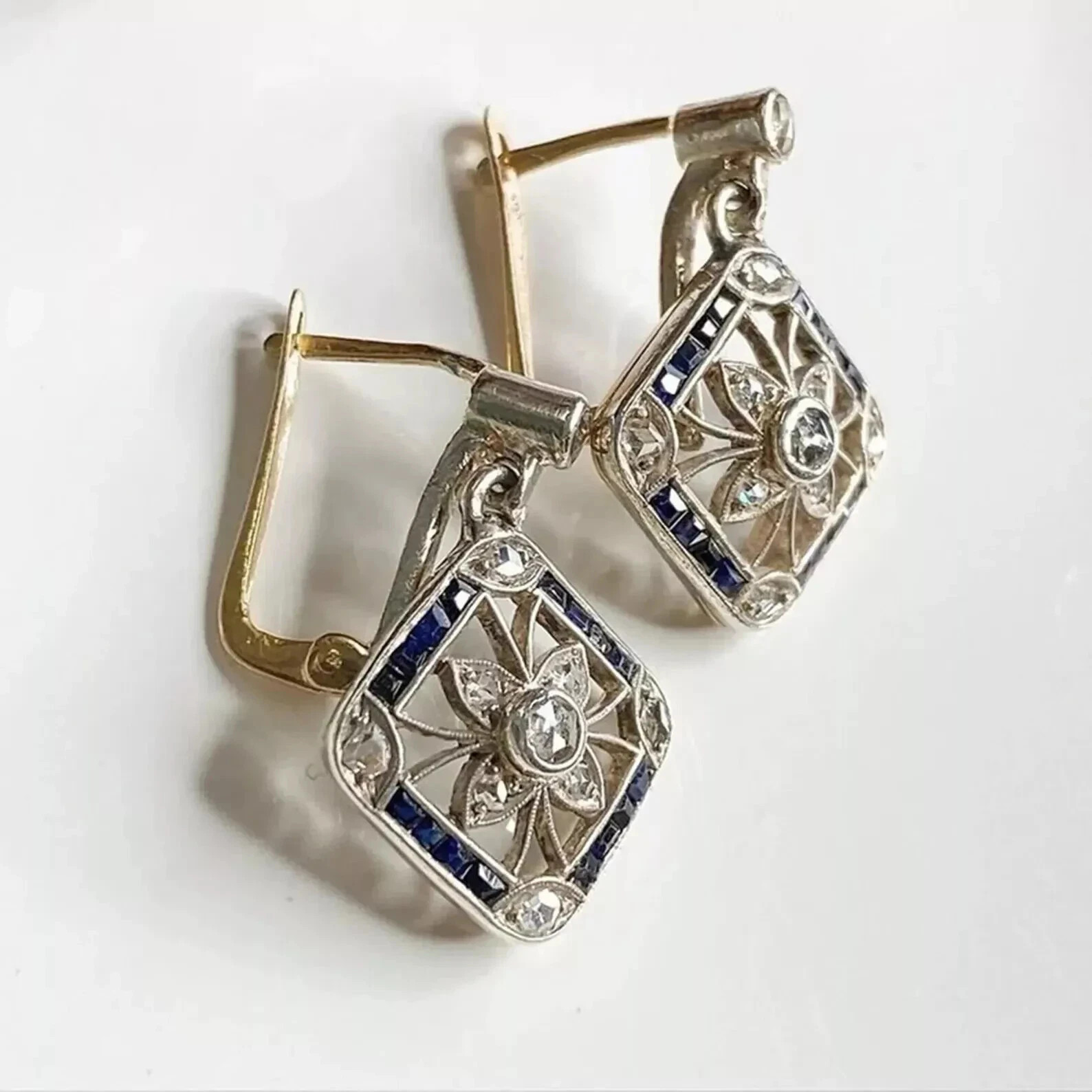 Pendientes estilo art déco creados en laboratorio diamante zafiro azul oro blanco de 14 k FN