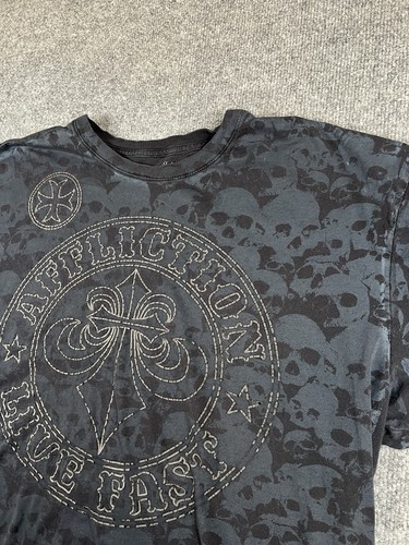 Vintage Affliction Skulls AOP Grunge Distressed Y2K Shirt Black Mens 3XL