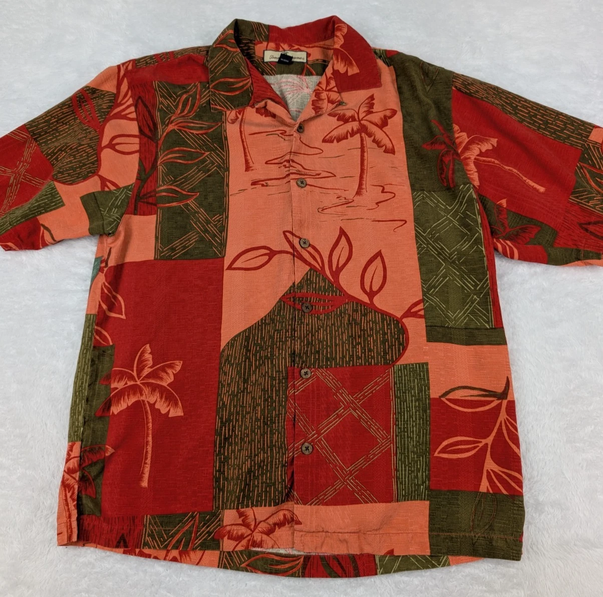 Tommy Bahama 100% Silk Camp Shirt M Rust Orange Floral Palm Hawaiian Aloha
