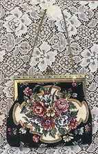 Vintage Black Floral Tapestry Handbag Brass Closure