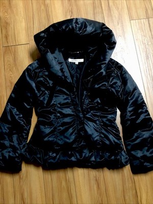 Early 2000s Y2K Womans Black Satin Puff  Hooded Fitted Coat Size-Small