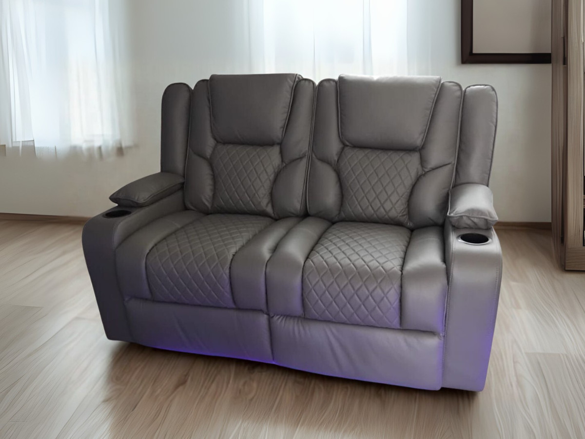 Electric Recliner 2 Seater Sofa Grey Aire Leather Orlando |LED |USB |Cup Holders
