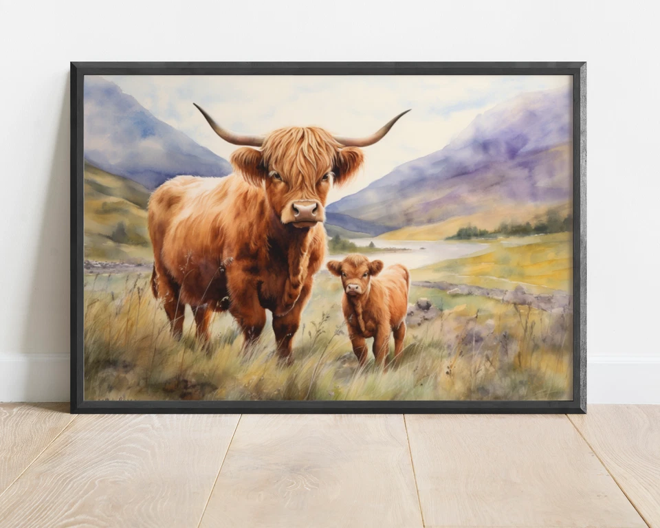 Arte de pared Highland Cow, impresión de becerro de vaca Highland Scottish, lienzo rústico de granja Foto 3 de 4