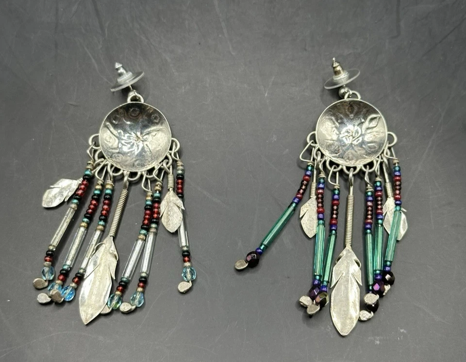 VTG Sterling Silver Handmade Native American Beaded Feather Dangle Earrings 3" - Image 4 of 4