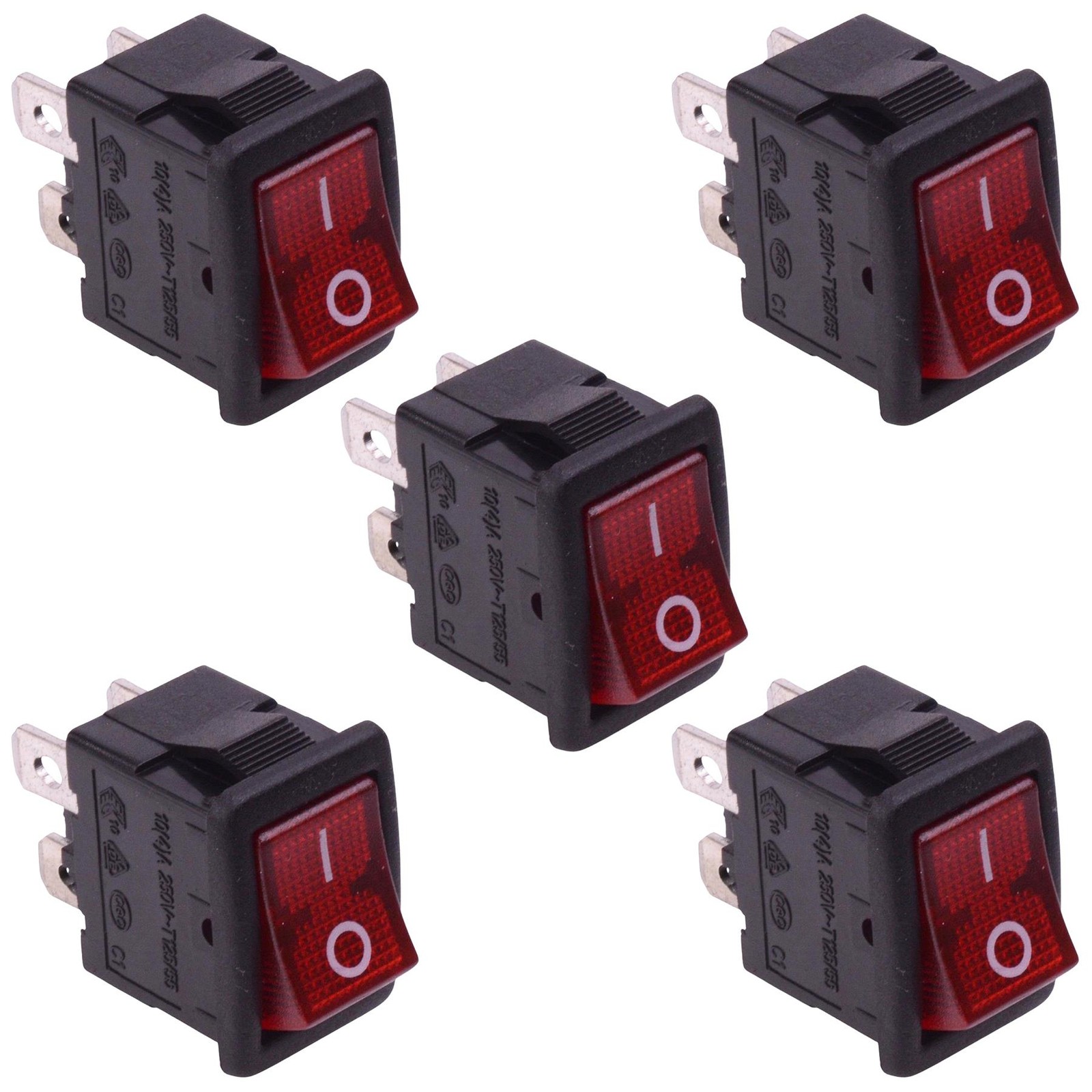5 x Red On-Off 110V illuminated Rectangle Rocker Switch DPST 10A