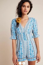 Farm Rio Evie Romper x Anthropologie linen boho pockets size XS excellent