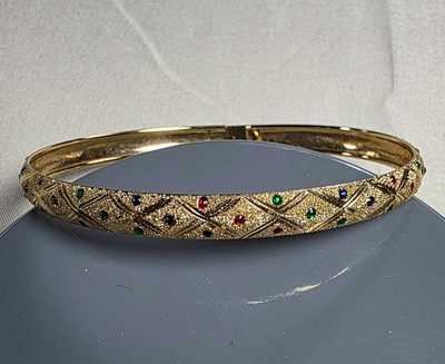 10K massiver Gelbgold Armreif mit Scharnier Armband bunte Akzente strukturiert 4g