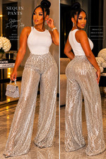 Messori Women s Silver Sequin Wide-Leg Dress Pants Elastic Waist Party S