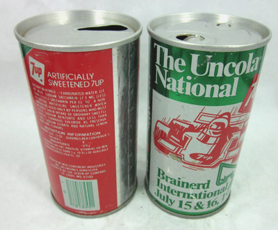 pair 7up straight steel cans c1978 Sugar Free & Brainerd International race soda