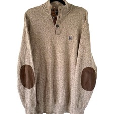 Chaps Cotton Knit Collared Pullover Sweater Beige Brown Elbow Patch Button Sz LT