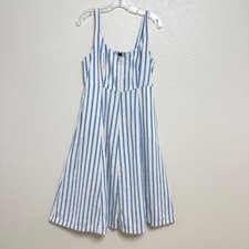 Old Navy Dress Womens L Blue White Striped Linen Blend Smocked Midi Coastal