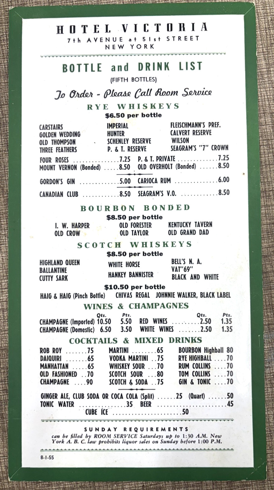 Vintage 1955 Hotel Victoria Bottle &Amp; Drink List Menu New York City 7Th Ave 51St