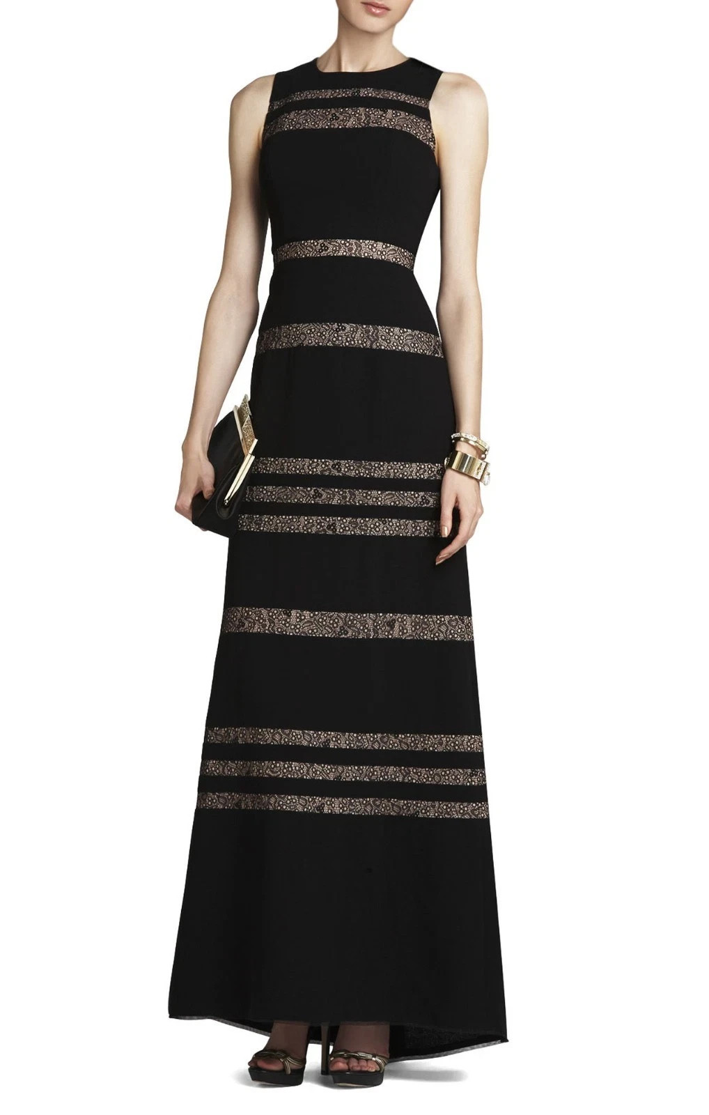 BCBG MAX AZRIA Black Katiana Lace Insert Sleeveless Formal Gown Womens Size‎ 2
