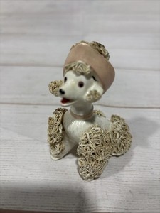 Vintage Porcelain Spaghetti Poodle Dog Figurine~3.5”~Pink Hat & Collar~1950-60s