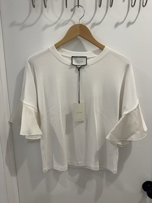 ALEXIS White Crew Neck Ruffle Organza Flutter Sleeve Cropped Blouse Size Small