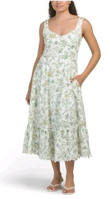Laura Ashley Linen Blend Smocked Scallop Trim Hem Midi Dress Size 8 Floral Print