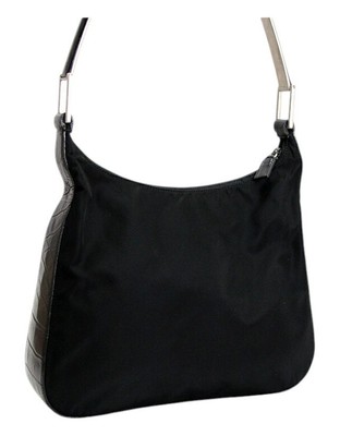 PRADA Metal Handle One Shoulder Bag Black Nylon Crocodile Embossed 