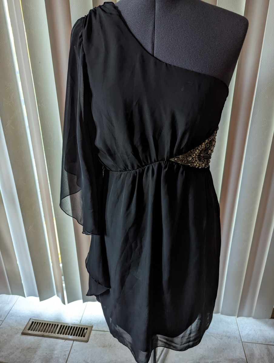 STUDIO Y ONE SHOULDER DRESS BLACK SIZE 5/6 CHIFFON LINED JEWEL STUD SIDE  FLOWY