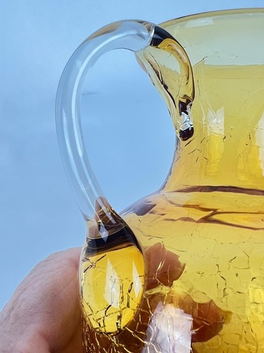 Vintage Yellow Gold Crackle Glass 4 1/4" Tall Pitcher Vase Applied Handle - Picture 7 of 8