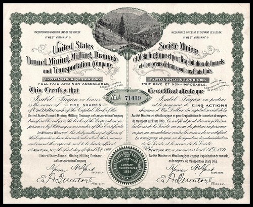 1899 United States Tunnel, Mining, Milling, Drainage and Transportation Company - Picture 1 of 3
