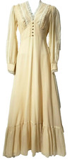 Vintage Wedding Gown Dress XS S Linen Blend Lace Ivory Prairie Victorian Romance